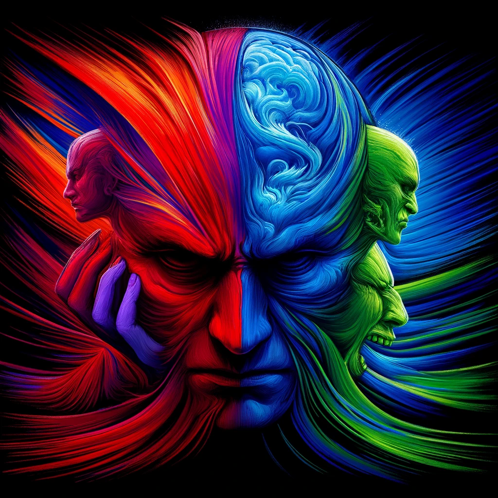 Here's a visual that captures the intense inner conflict and discord within someone's mind during a period of psychological integration marked by significant dissonance. The image vividly shows the emotional turmoil with dominating shades of red and blue, highlighting the battle between facing tough truths and the desire for inner peace. The barely-there green emphasizes the difficulty in achieving balance and harmony, accurately mirroring the person's current emotional state based on the specified RGB code (R=230, G=50, B=220). This visualization provides a powerful look into the complex dynamics of psychological integration and the struggle for inner harmony.